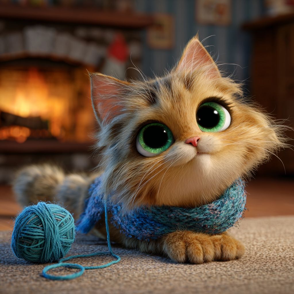 一只迷人的动漫猫，金色丝滑的毛发，温暖的绿色眼睛，围着小蓝围巾，和毛线球玩耍，背景是温馨的客厅和壁炉