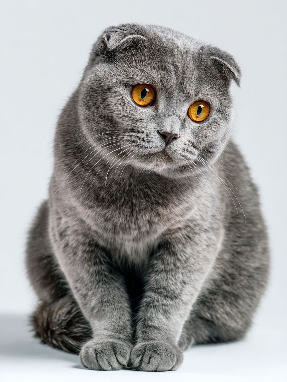 一隻蘇格蘭摺耳貓坐在三分之二的位置，直視鏡頭，背景為白色