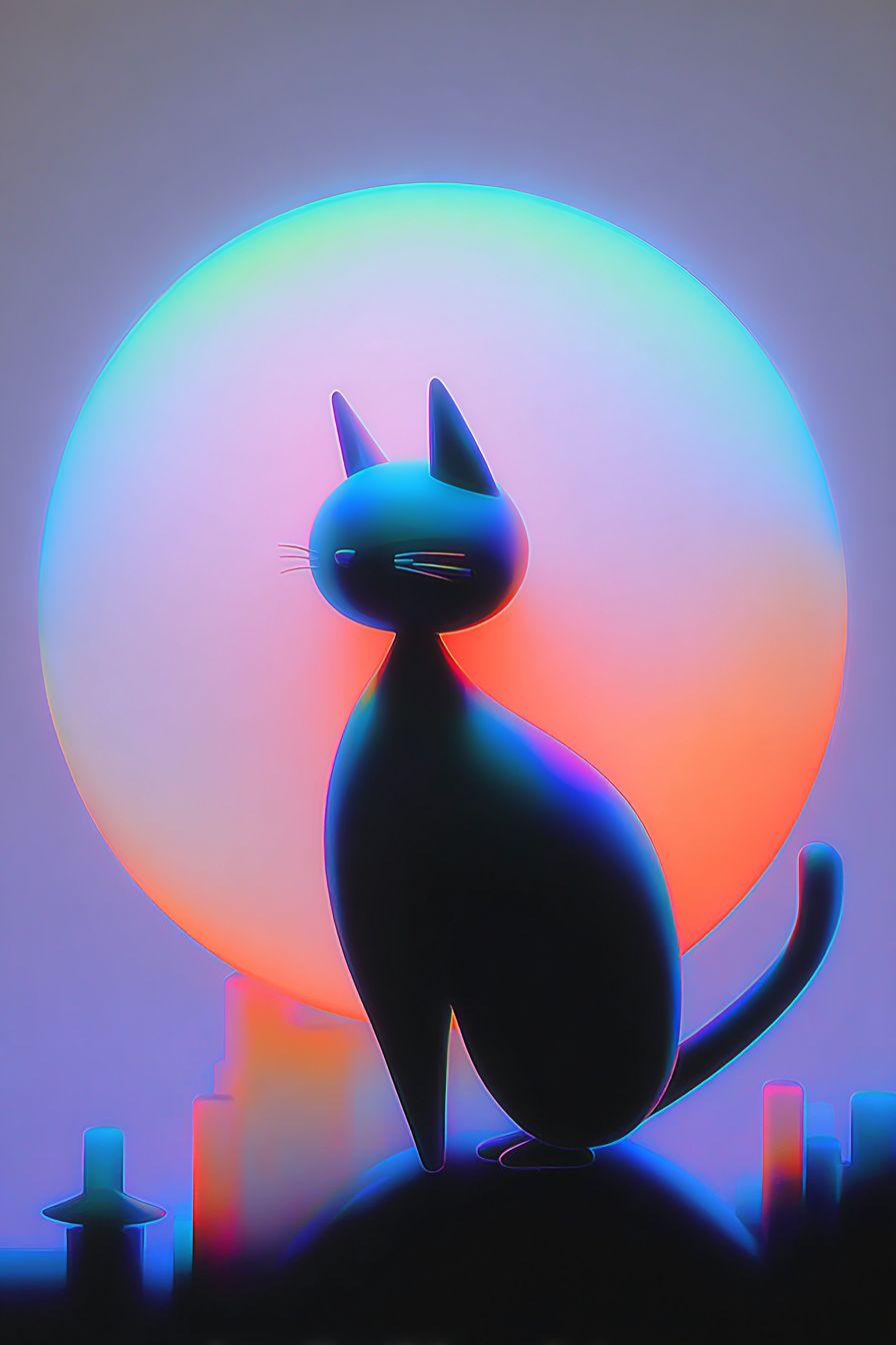 一隻優雅的黑色孟買貓在滿月下的剪影，尾巴神秘地在夜風中擺動