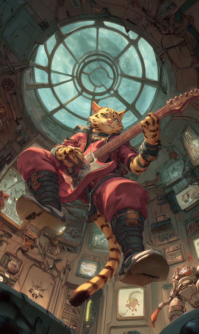バンガル猫が無重力宇宙ステーションでギターを弾いている