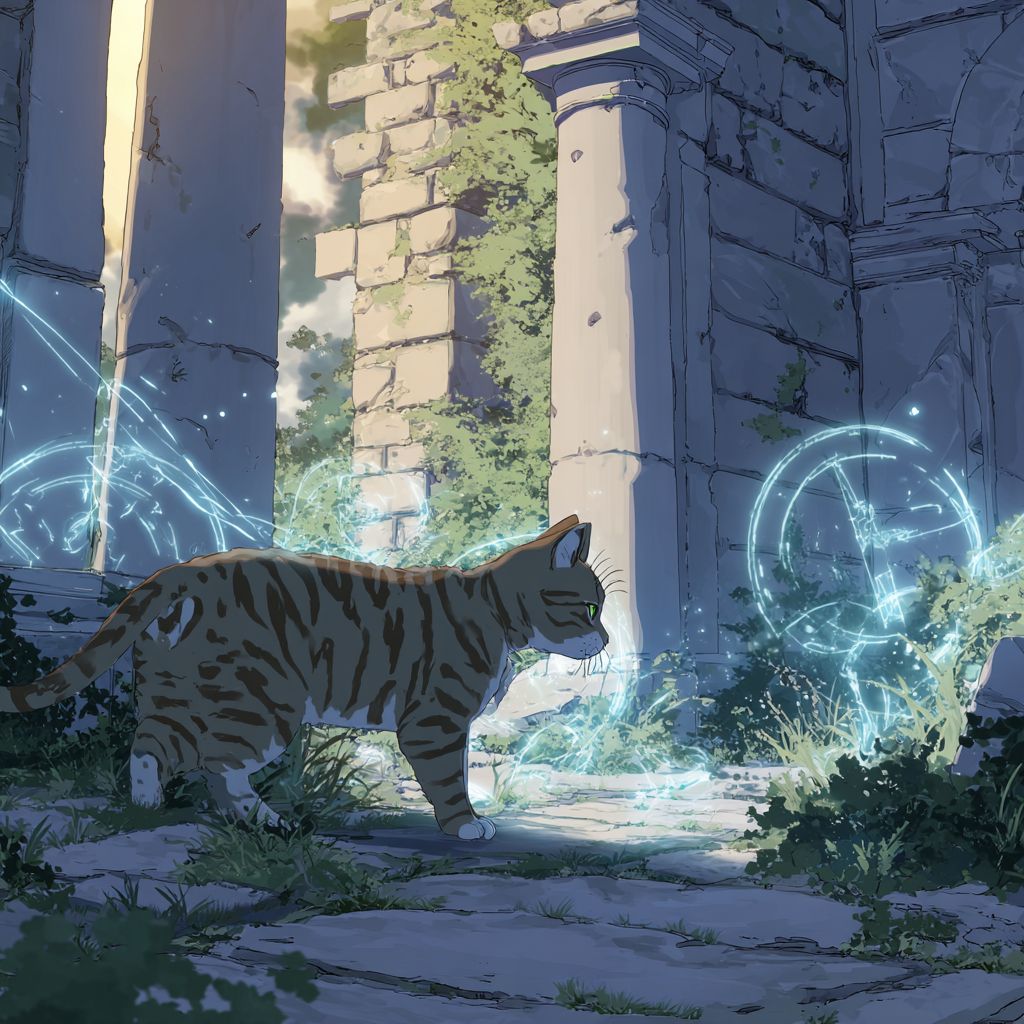 قط مخطط يستكشف قصر مهجور مسكون