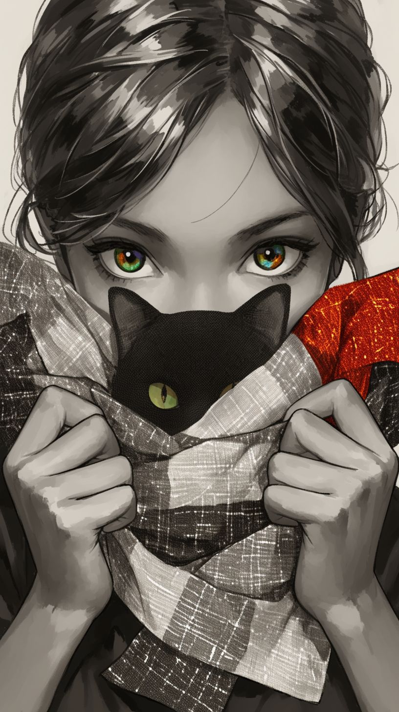 قط روسي زاهي مختبئ خلف كومة من خيوط الصوف الملونة، وعيناه الكنزيتان تلمعان بخبث