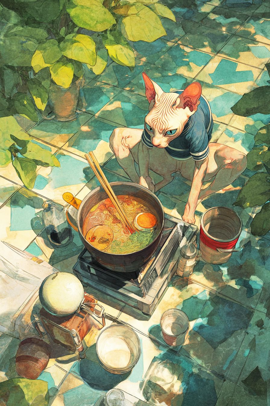 قط سيفنكس يطبخ راميين في مشهد أنمي رياضي