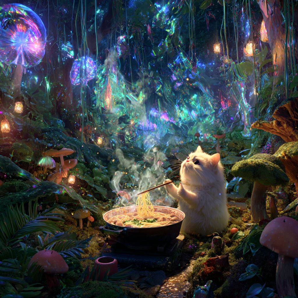 قط بَرْسِي يَطْبُخ الرَّامِن في غابة سحرية