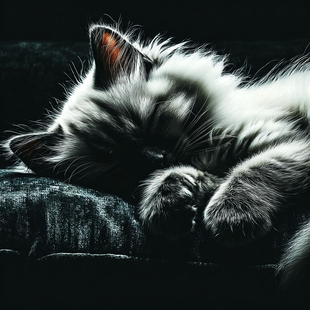 هريرة رagdoll هادئة ملتفة على وسادة من المخمل، تحمل مخالبها تحت صدرها اللامع