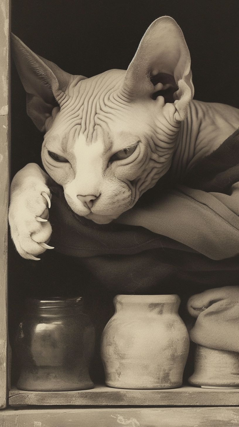 قط سفيكس فضولي يتكئ على بطانية دافئة، وجلد مجعد يتلقى توهج المدفأة الدافئ