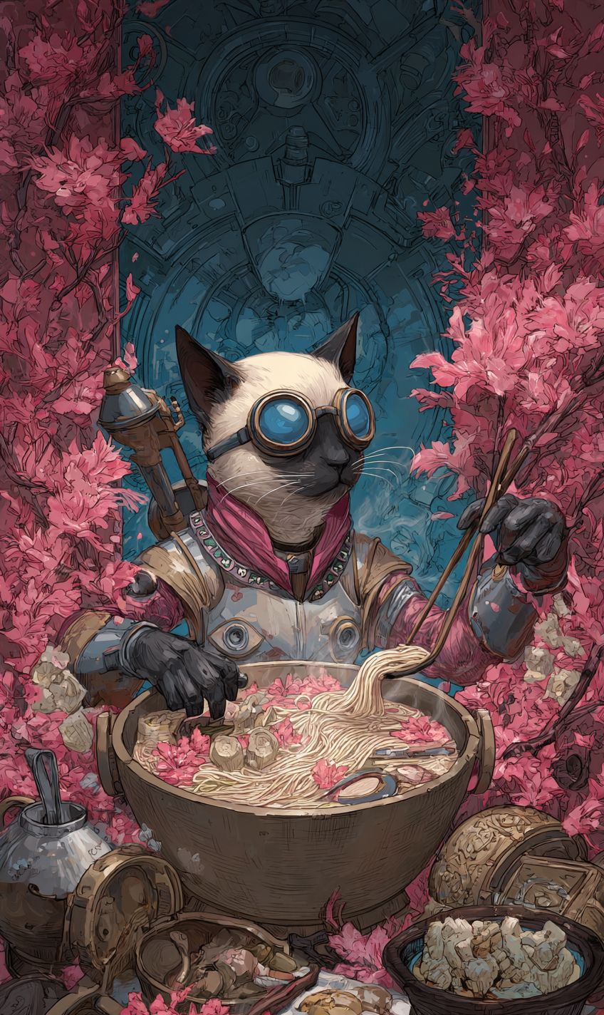 A sleek Siamese cat cooking ramen in a cherry orchard