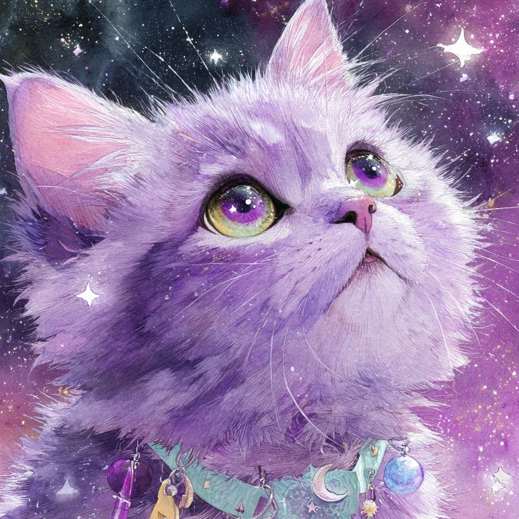 A dreamy anime kitten with pastel purple fur and violet starry eyes, wearing a celestial collar, floating among stars