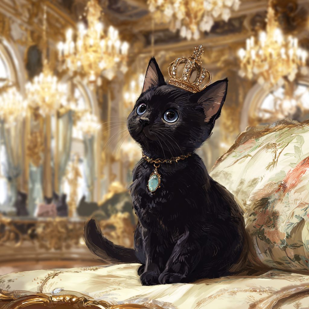 قطة أنمي ملكية بفرو أسود لامع وعيون زفيرية عميقة ترتدي تاجًا مزينًا بالذهب وتجلس على وسادة من الحرير في داخل قصر فخم