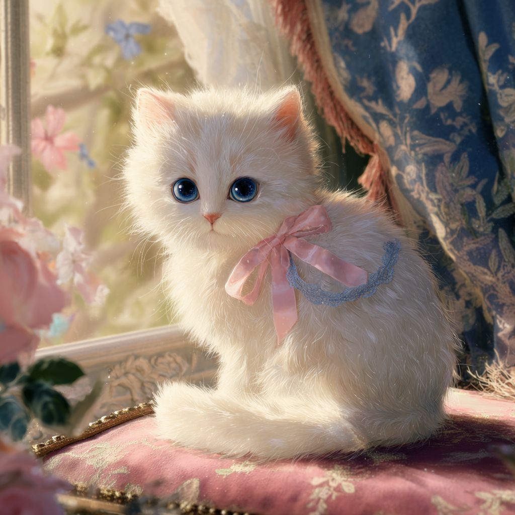 قطة لطيفة بأسلوب أنمي بفرو أبيض رقيق، عيون زرقاء زاهية، ترتدي ريبون وردي صغير، جالسة على وسادة من المخمل، مع ضوء القمر الناعم يتدفق من خلال النافذة، وخلفية زهور دقيقة