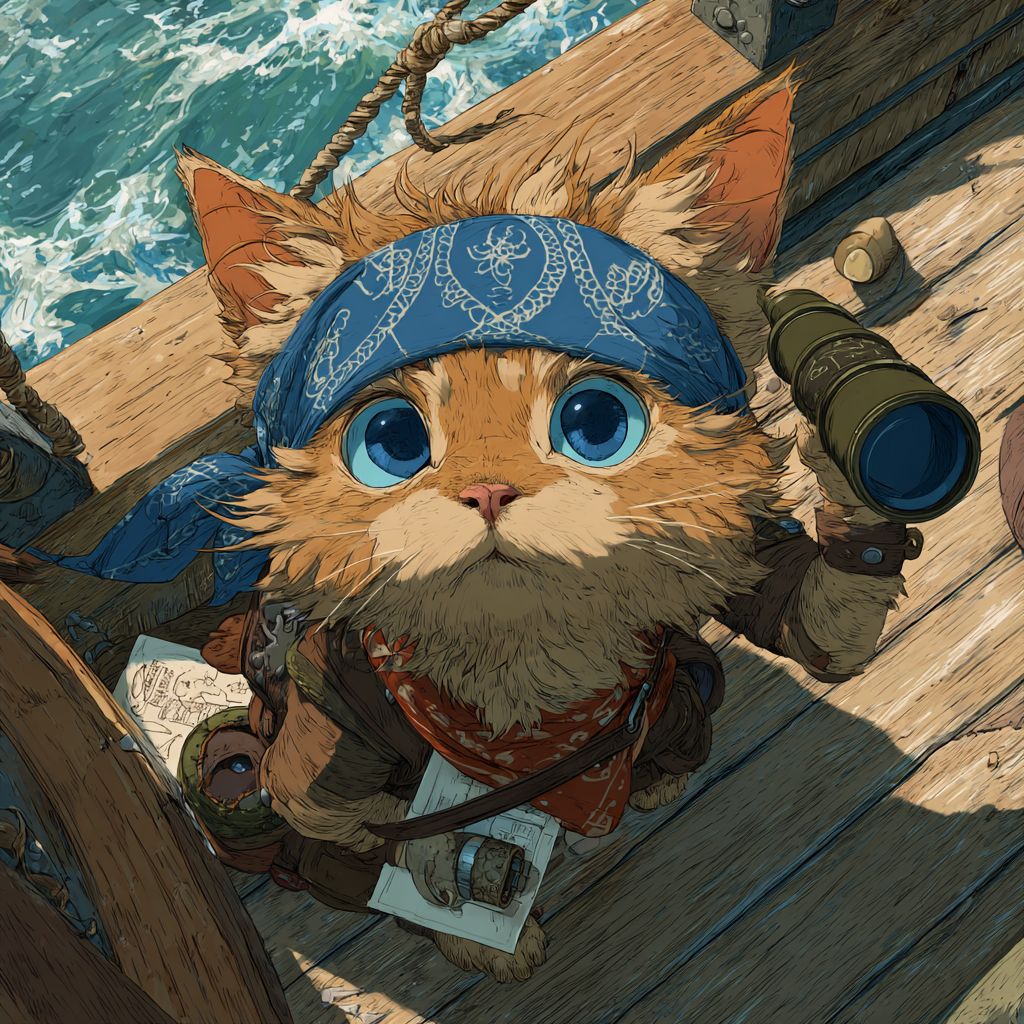 قط أنمي لعوب ذو فراء بني متجعد وعيون زرقاء يرتدي رداء قراصنة ويحمل تلسكوبًا صغيرًا على سطح سفينة قراصنة مع أمواج المحيط في الخلفية