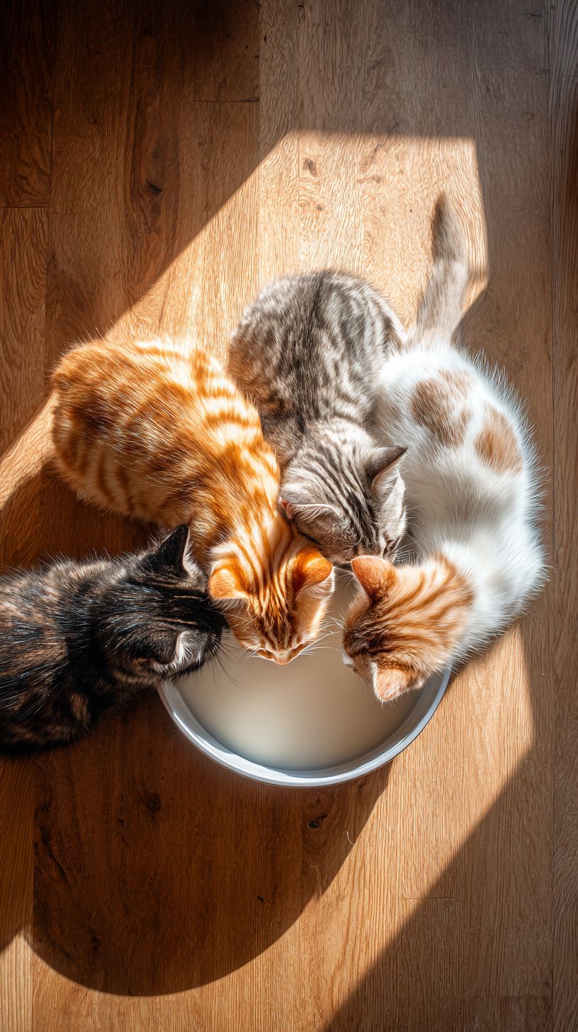 オレンジのタビー、グレーのタビー、白い猫、黒い猫の4匹の子猫が白いボウルの周りで牛乳を飲んでいる