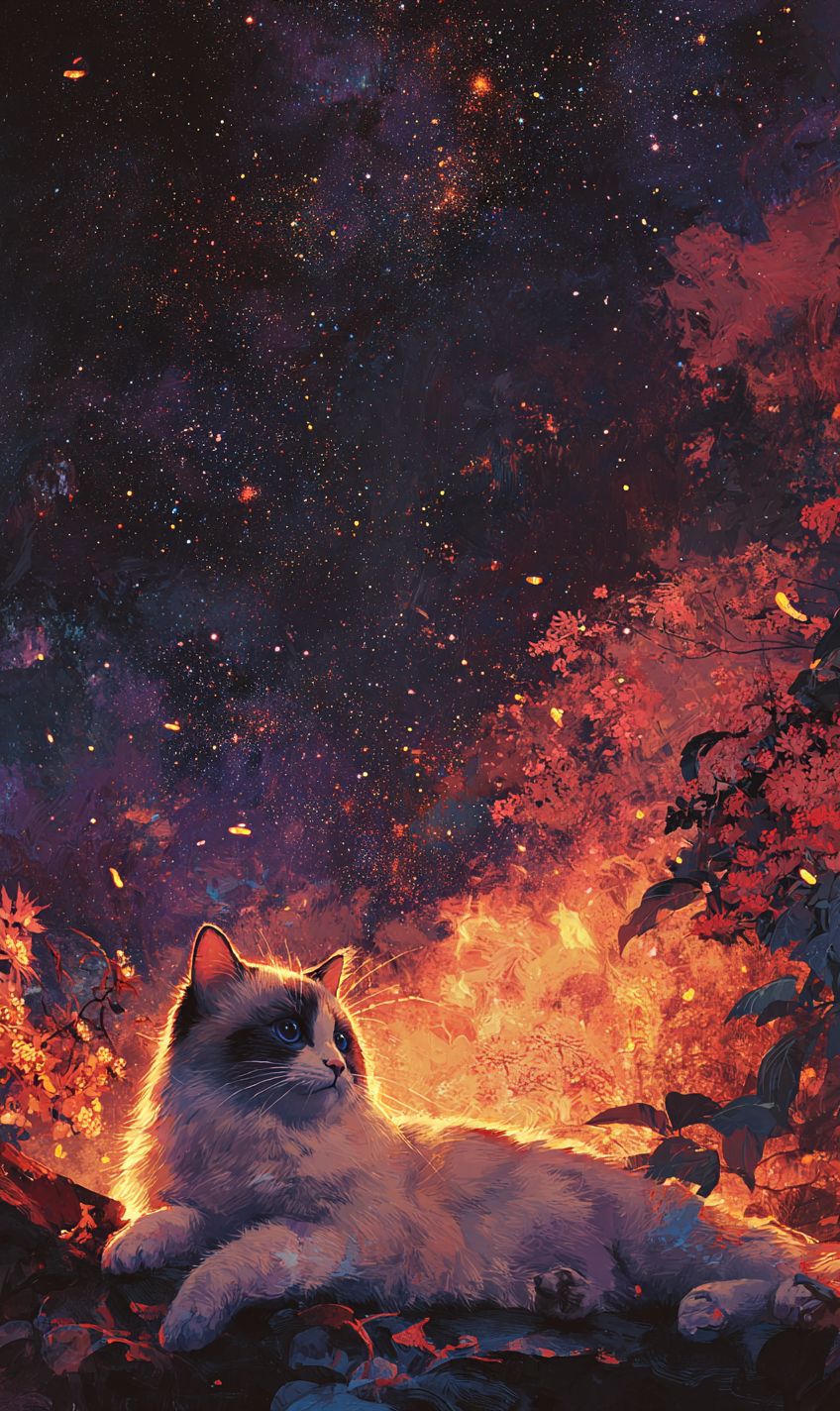 قط رagdoll يستمتع تحت سماء مليئة بالنجوم مع انفجارات نارية وزهور الكرز في الخلفية