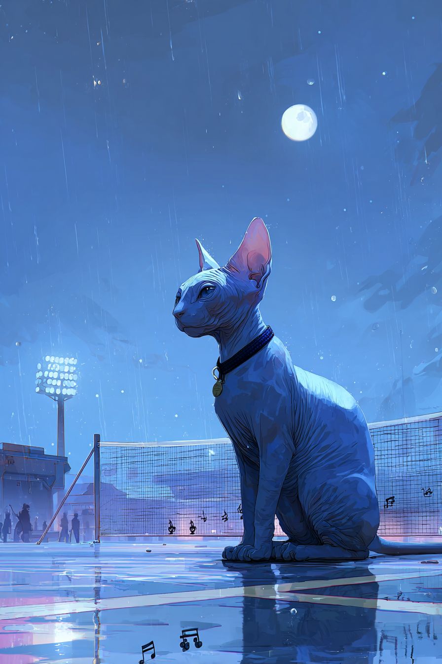 Un chat sphynx dansant sous la lumière de la lune