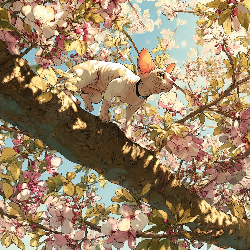 قط سيفينكس يقفز في بستان الكرز