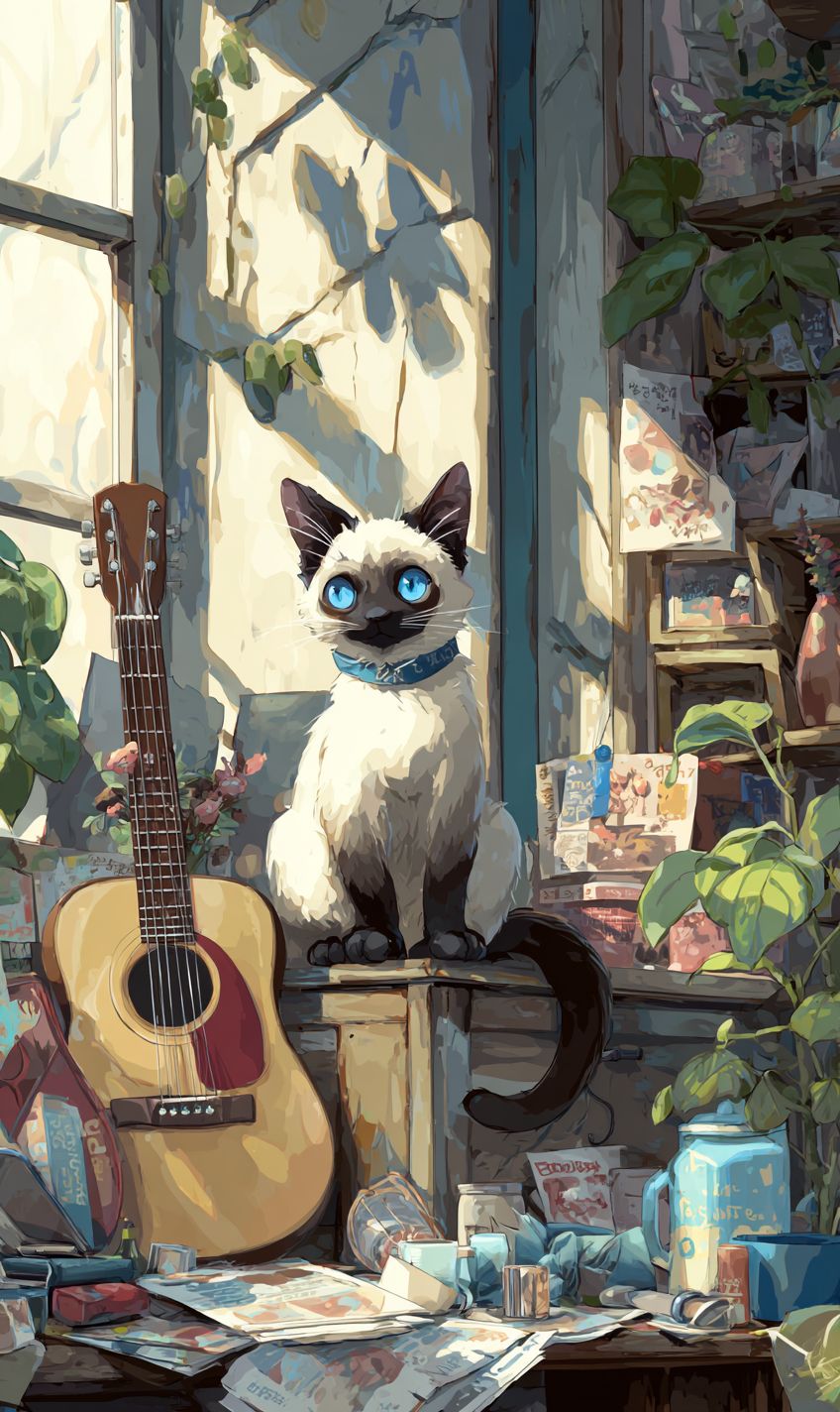 Un elegante gato siamés tocando la guitarra en una mansión abandonada encantada