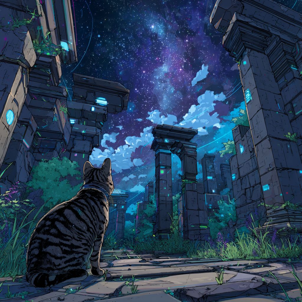 Un chat tigré explorant des ruines