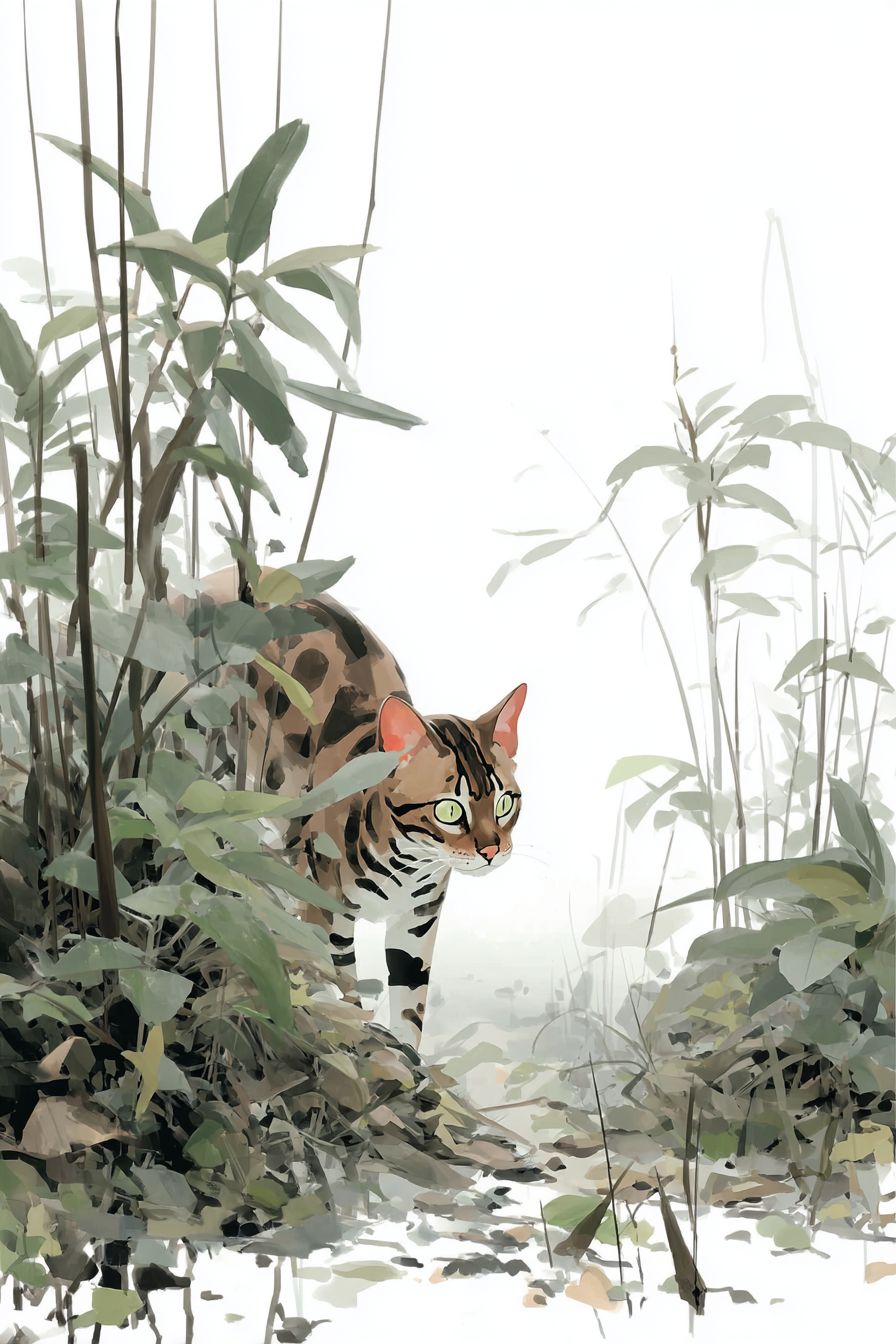 霧の中で獲物を狙う雄大なベンガル猫