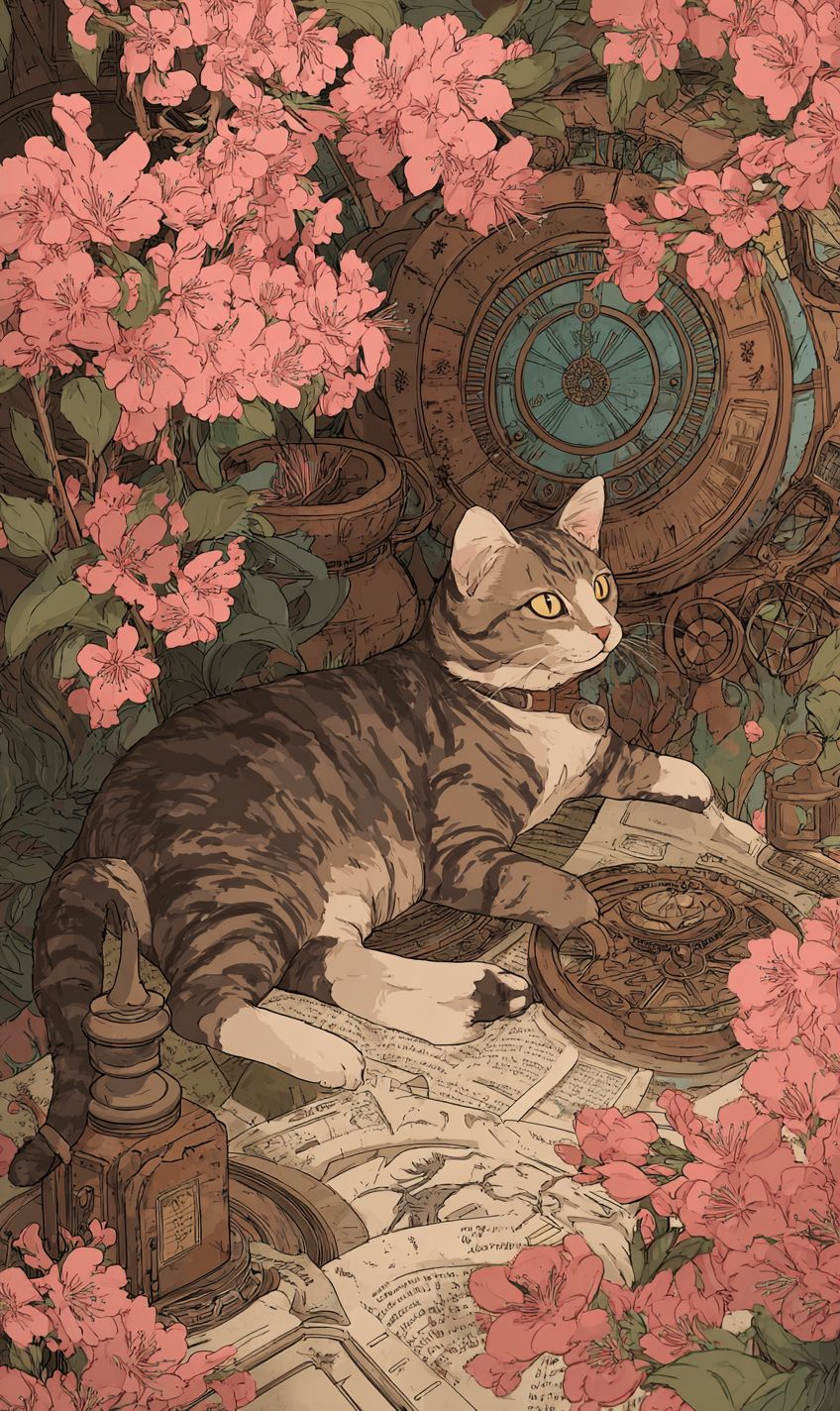 قط مبرقع يسترخي في بستان الكرز المتفتح يبعث روحًا مغامرة غامضة