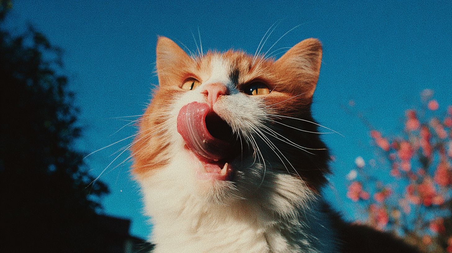 オレンジと白の猫がピンクの舌を出し、大きな目とかわいい笑顔を見せています