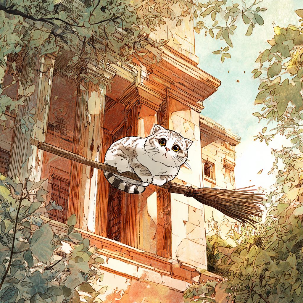 قطة سكوتش فولد تركب مكنسة في قصر مهجور مسكون بأسلوب رعب أنمي مع ألوان زاهية وتفاصيل غريبة