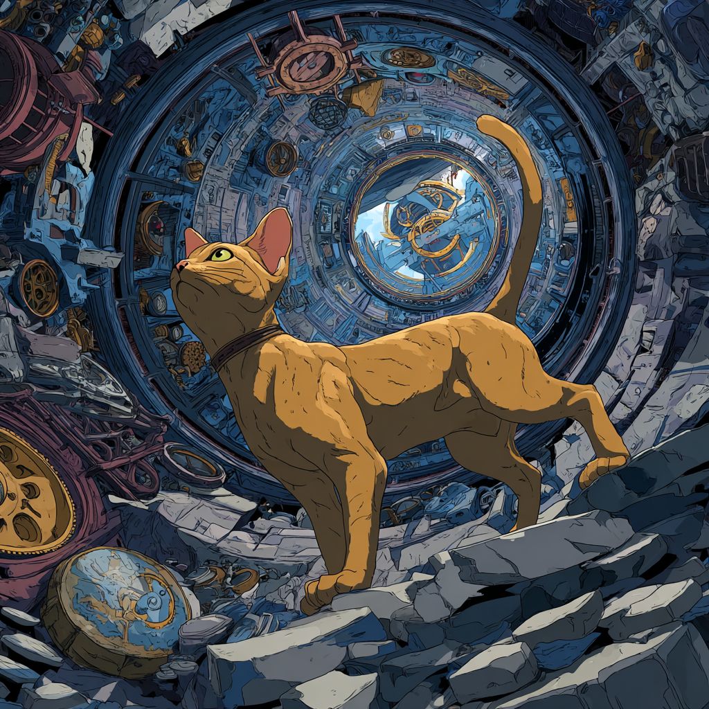 قط أبايسيني يستكشف الأطلال في محطة فضائية عديمة الجاذبية