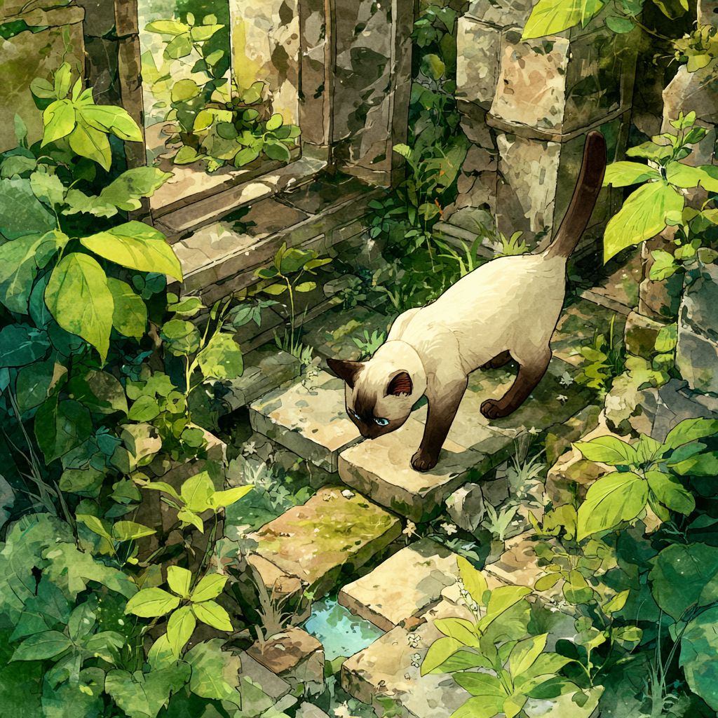 قطة سيامية أنيقة تستكشف الأطلال في غابة ساحرة