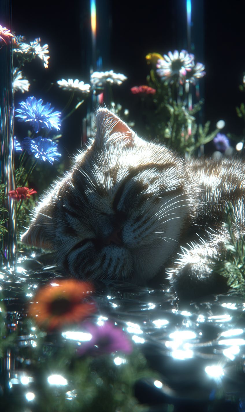 قط سكوتش فولد بأذنين مطويتين ينعم بالنوم في مرج مغطى بأزهار برية تحت أشعة الشمس