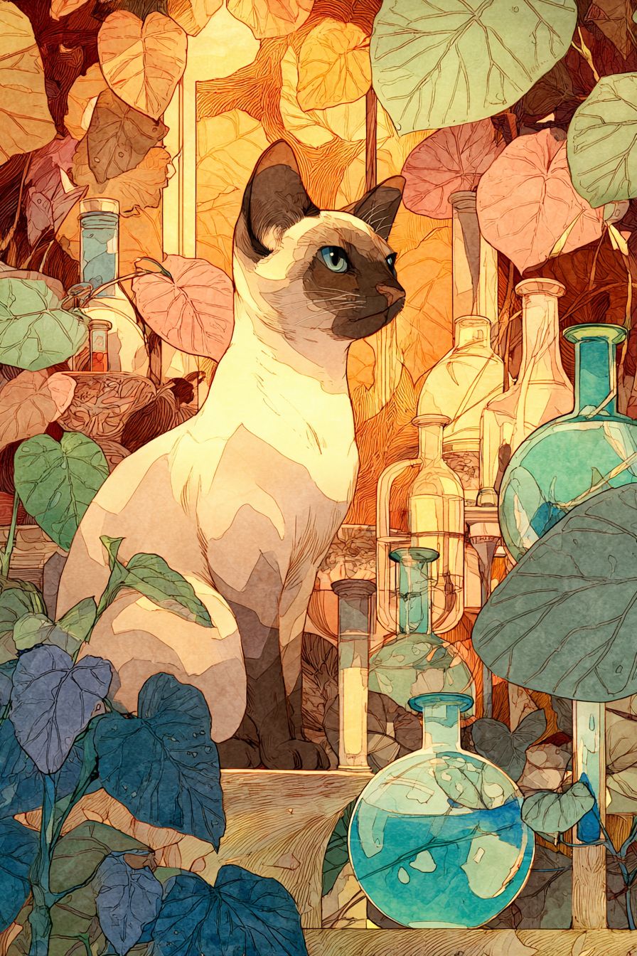 قط سيامي أنيق يقرصن مختبر الكيمياء