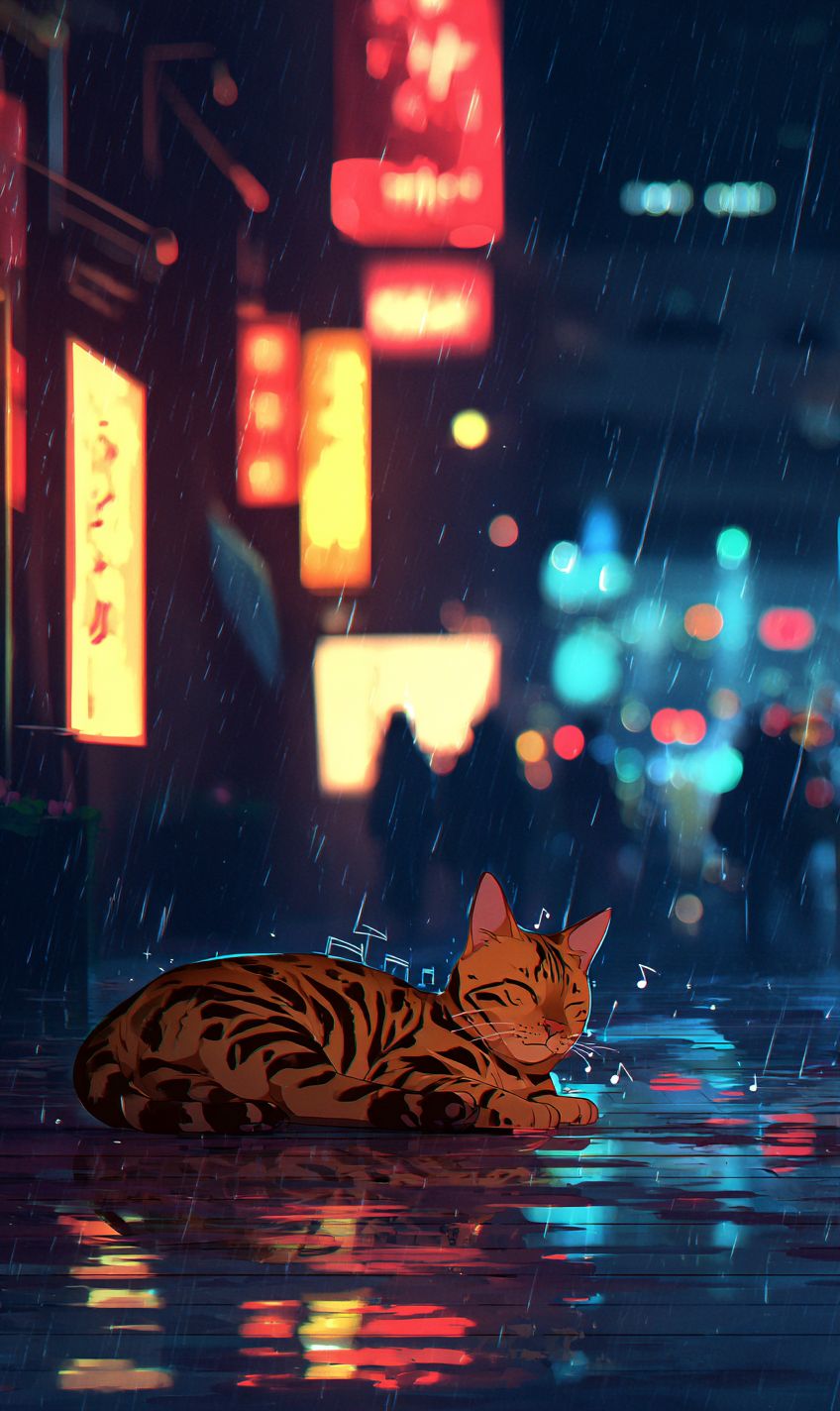 قط بَنغَالي يسترخي في شارع مدينة مضاء بالأضواء النيون تحت المطر