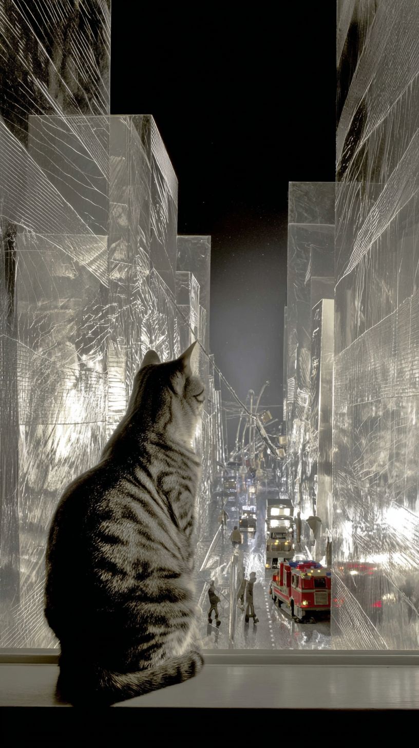 قط مغامر مخطط يجلس على حافة النافذة وهو يتأمل أضواء المدينة عند الغسق