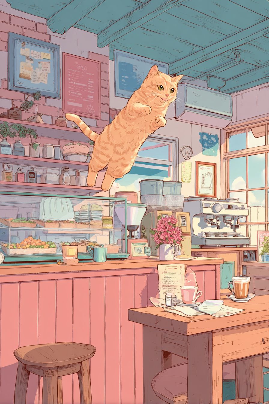 아비시니안 고양이가 아늑한 카페 인테리어에서 뛰어오른다