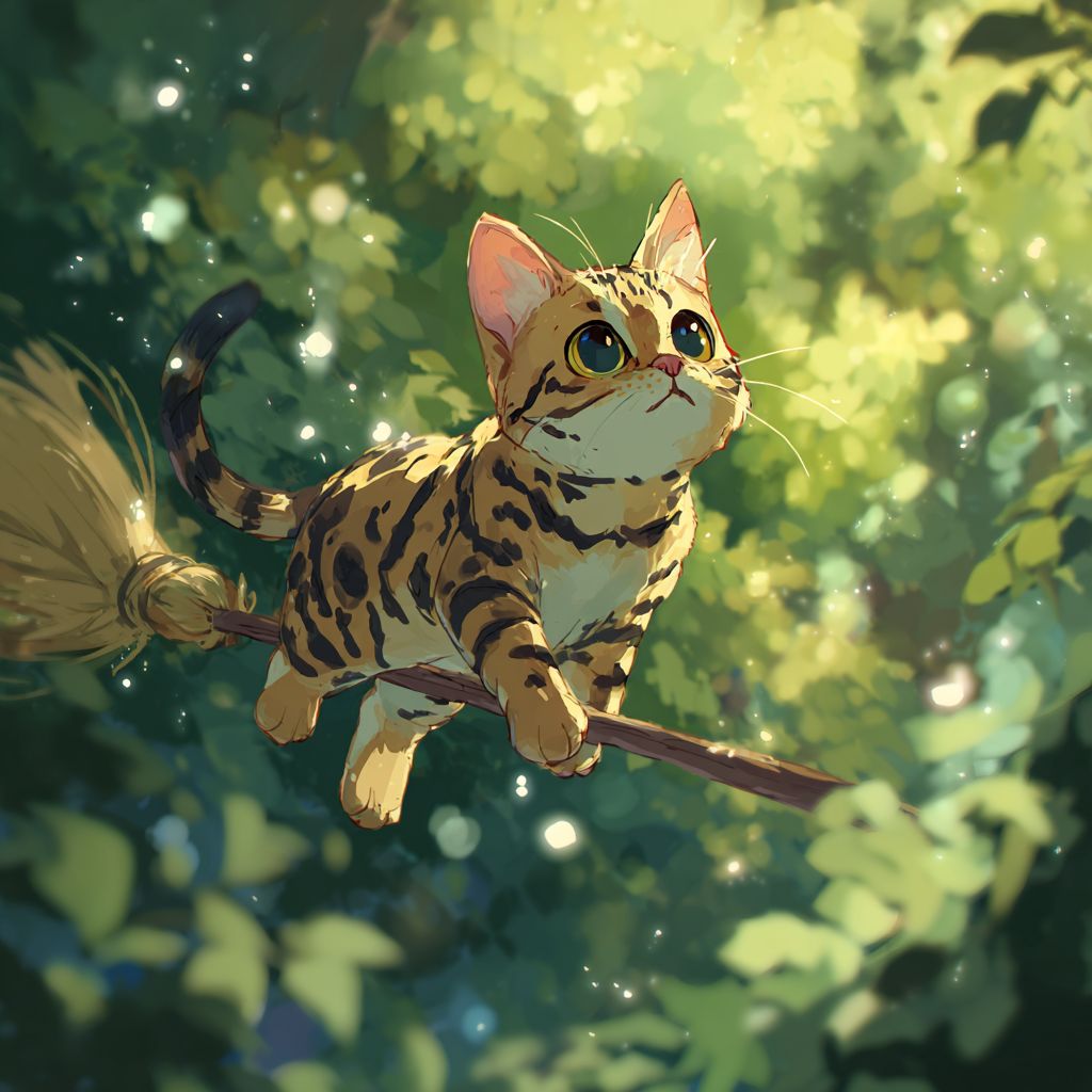a bengal cat is riding a broomstick in an enchanting forest striking an anime action pose