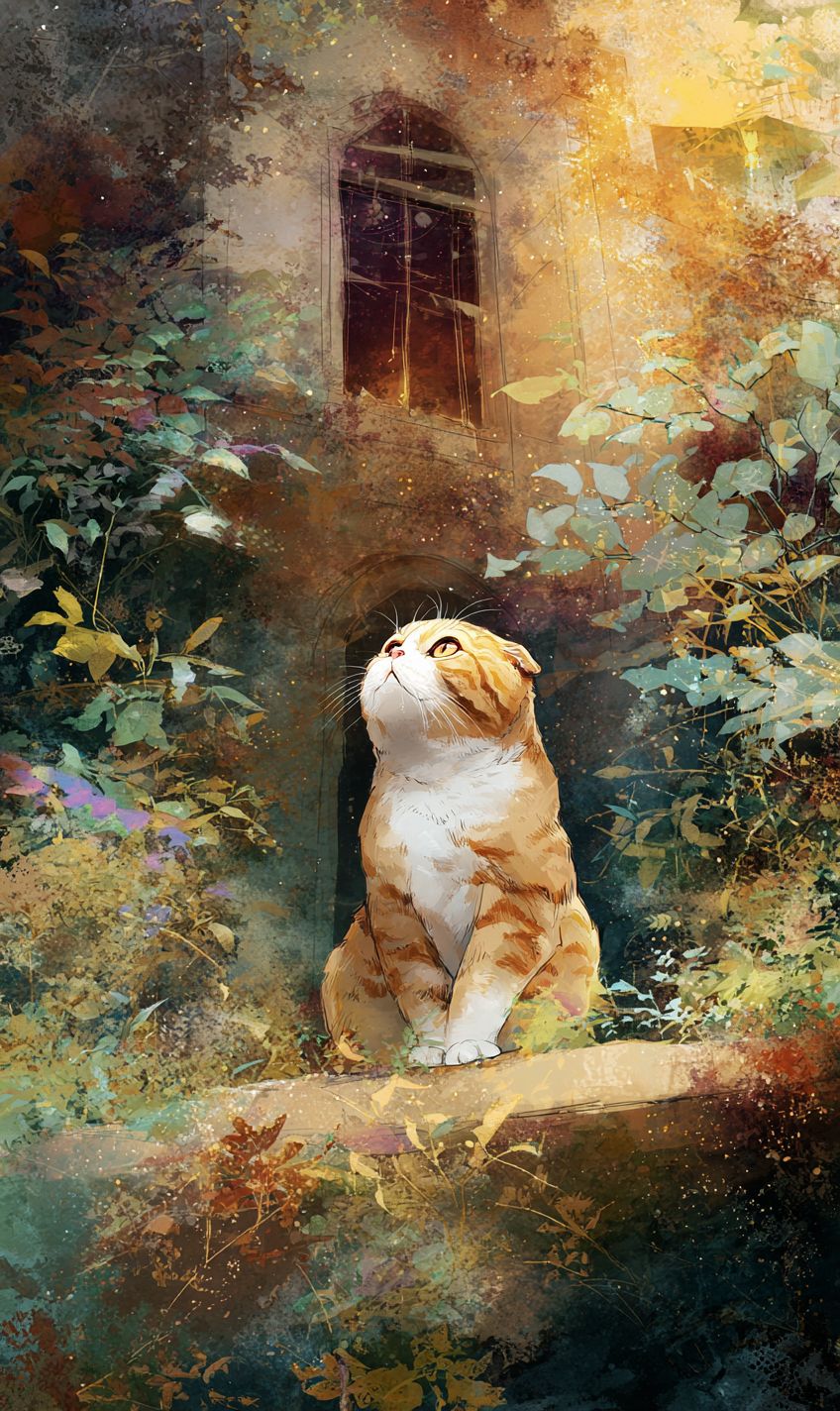 قطة سكوتش فولد تتأمل على جرف في قصر مهجور