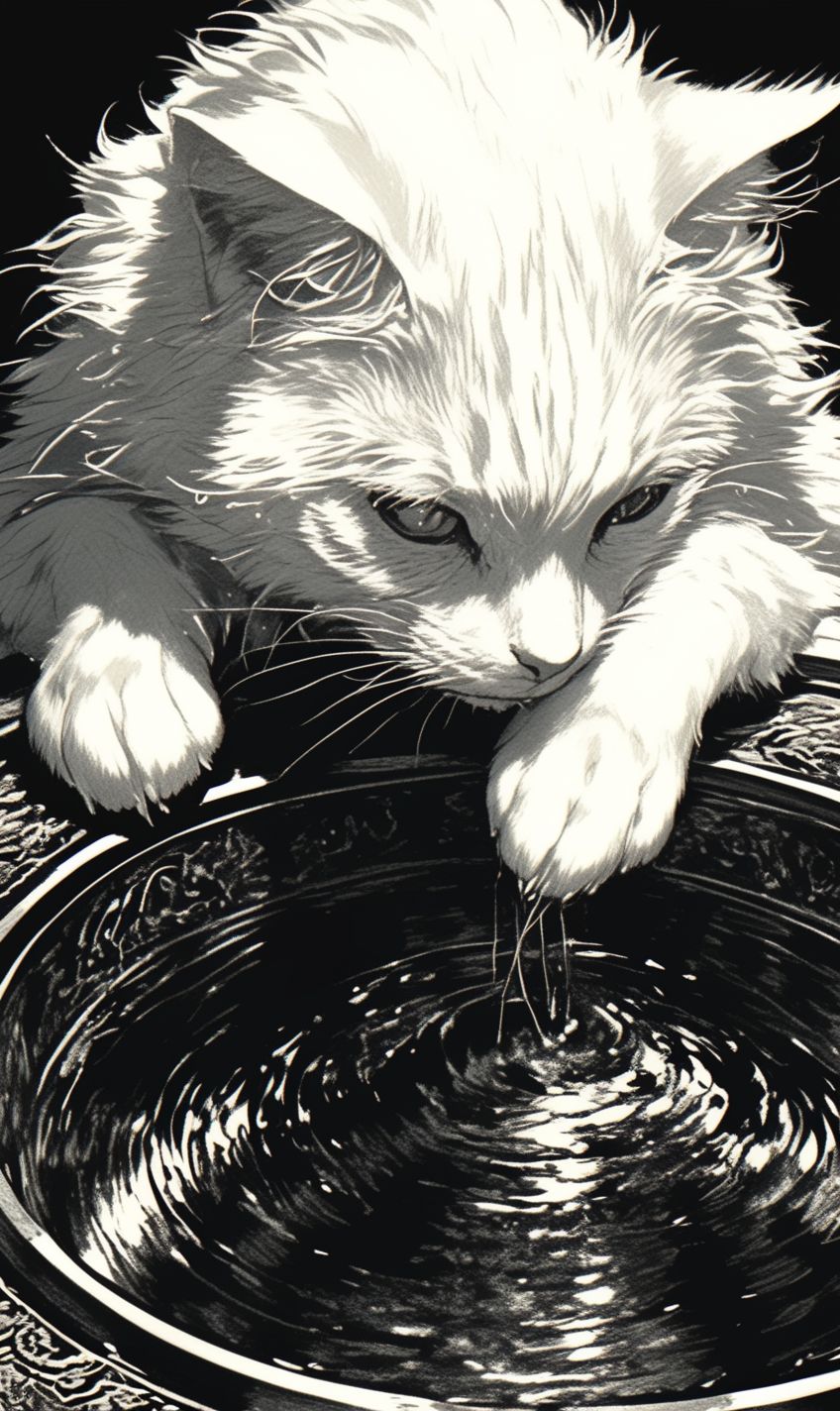 قط تركي أنغورا لطيف يضع مخلبه في نافورة تتدفق، وفراءه الأبيض يتلألأ مثل الثلج الجديد