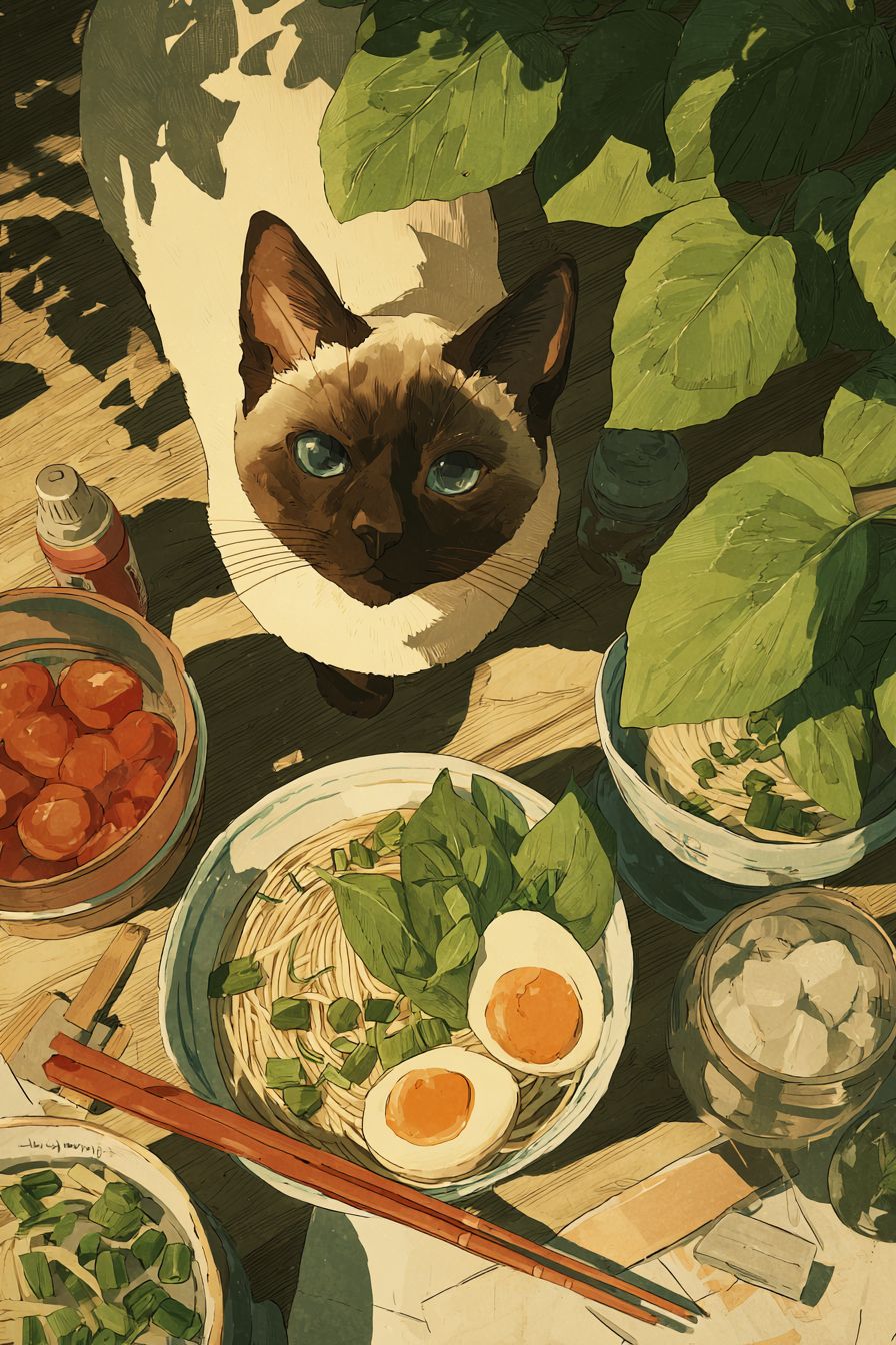 قط سيامي أنيق يطبخ الرامين في ملعب كرة الطائرة الرومانسي، بأسلوب أنمي مثل 'كذبتك في أبريل'، معTextures مائية ناعمة وتفاصيل غريبة، وضوء الشمس الدافئ يتسلل من خلال الأوراق