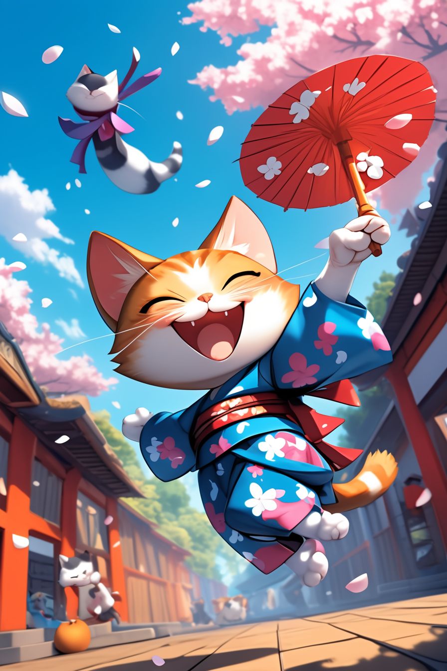 Eine freche dreifarbige Katze schlägt auf schwebende Kirschblüten in einer sanften Frühlingsbrise