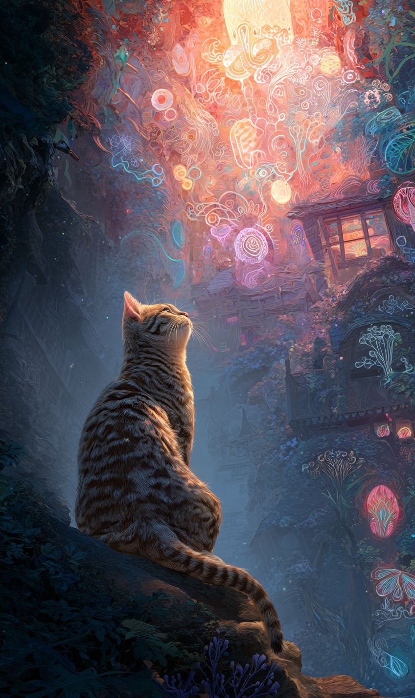 A tabby cat meditating on a cliff at an abandoned mansion