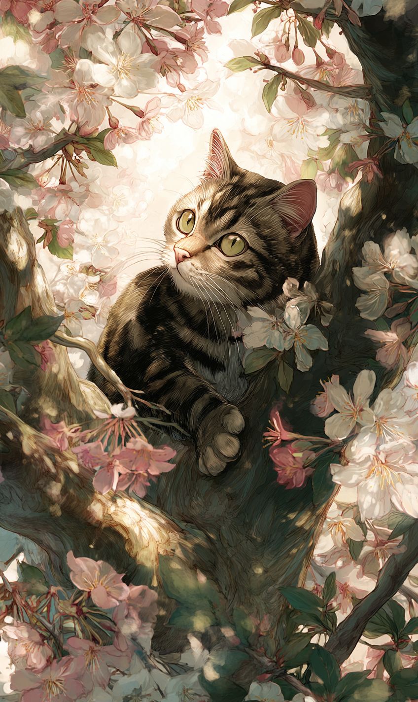 Un chat tigré pirate des systèmes dans un verger de cerisiers