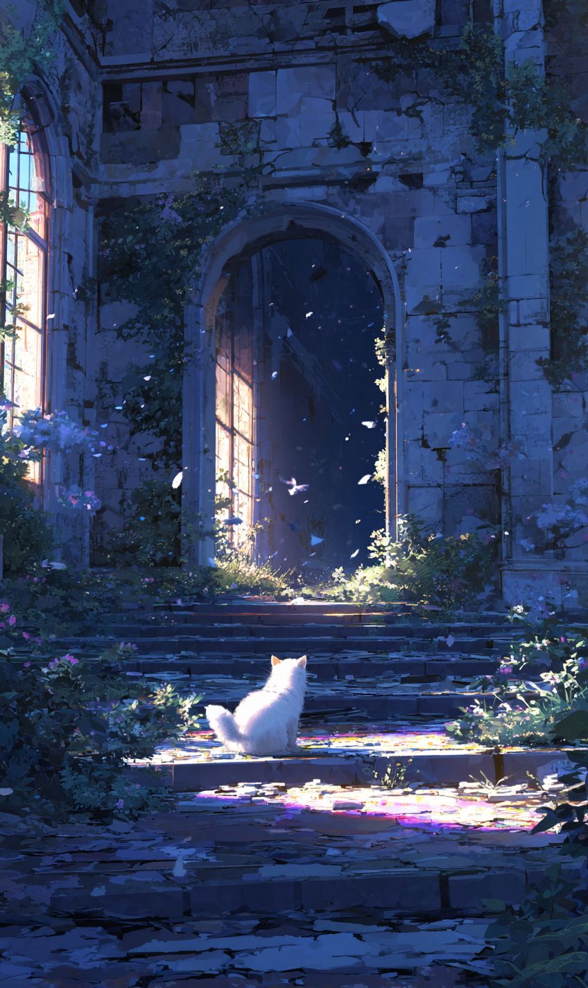 Un chat persan explorant les ruines d'un manoir hanté