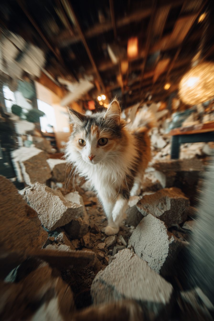 Eine flauschige Calico-Katze erkundet Ruinen und das gemütliche Innere eines Cafés