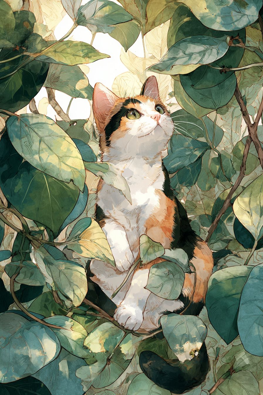 A fluffy calico cat lounging in an enchanting forest