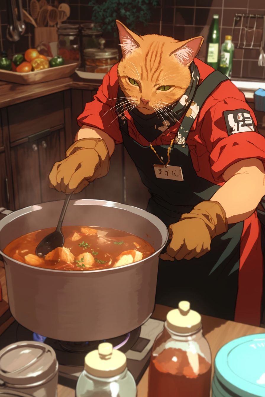 طاهٍ برتقالي قطط جريء يحرك وعاء من حساء السمك في مطبخ مريح