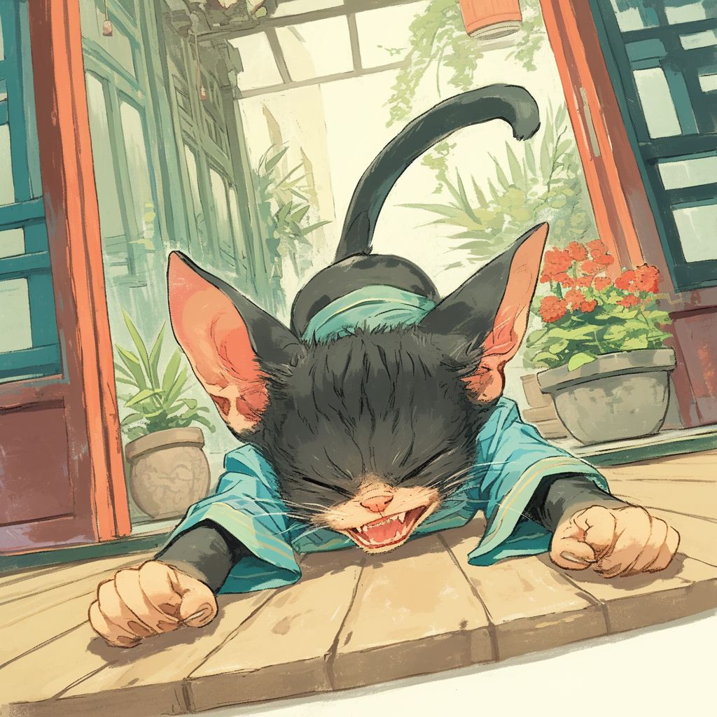 قطة شرقية قصيرة الشعر تتStretch على سجادة اليوغا وتعيش تجربة الزن المثالي