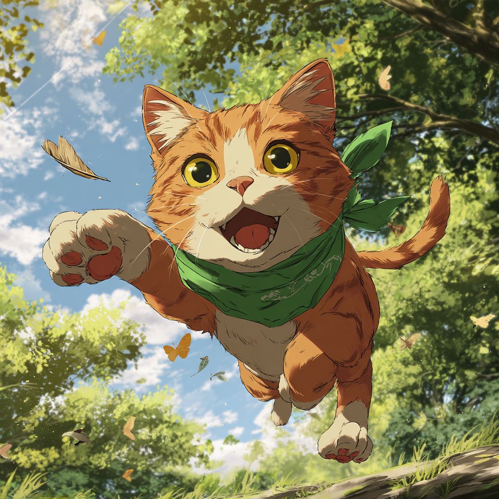 قطة أنمي مفعمة بالحيوية بفرو أحمر تلعب بلعبة ريشة في حديقة مشمسة