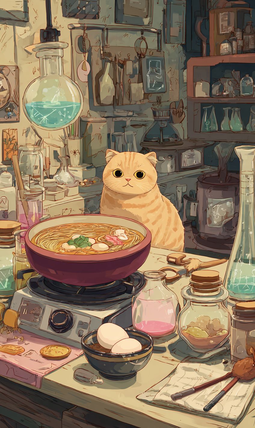 Шотландская складка готовит рамен в алхимической лаборатории