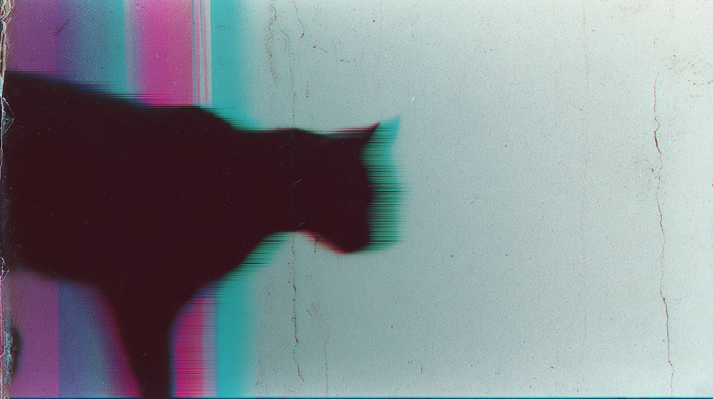 Un scan de film d'archives avec un fond plat, présentant la silhouette déformée d'un chat avec des bandes de perturbation