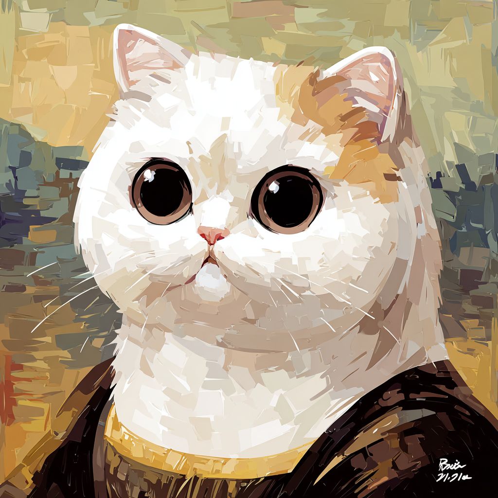 一隻可愛的白金色短毛貓打扮成蒙娜麗莎，臉上有妝容和微笑