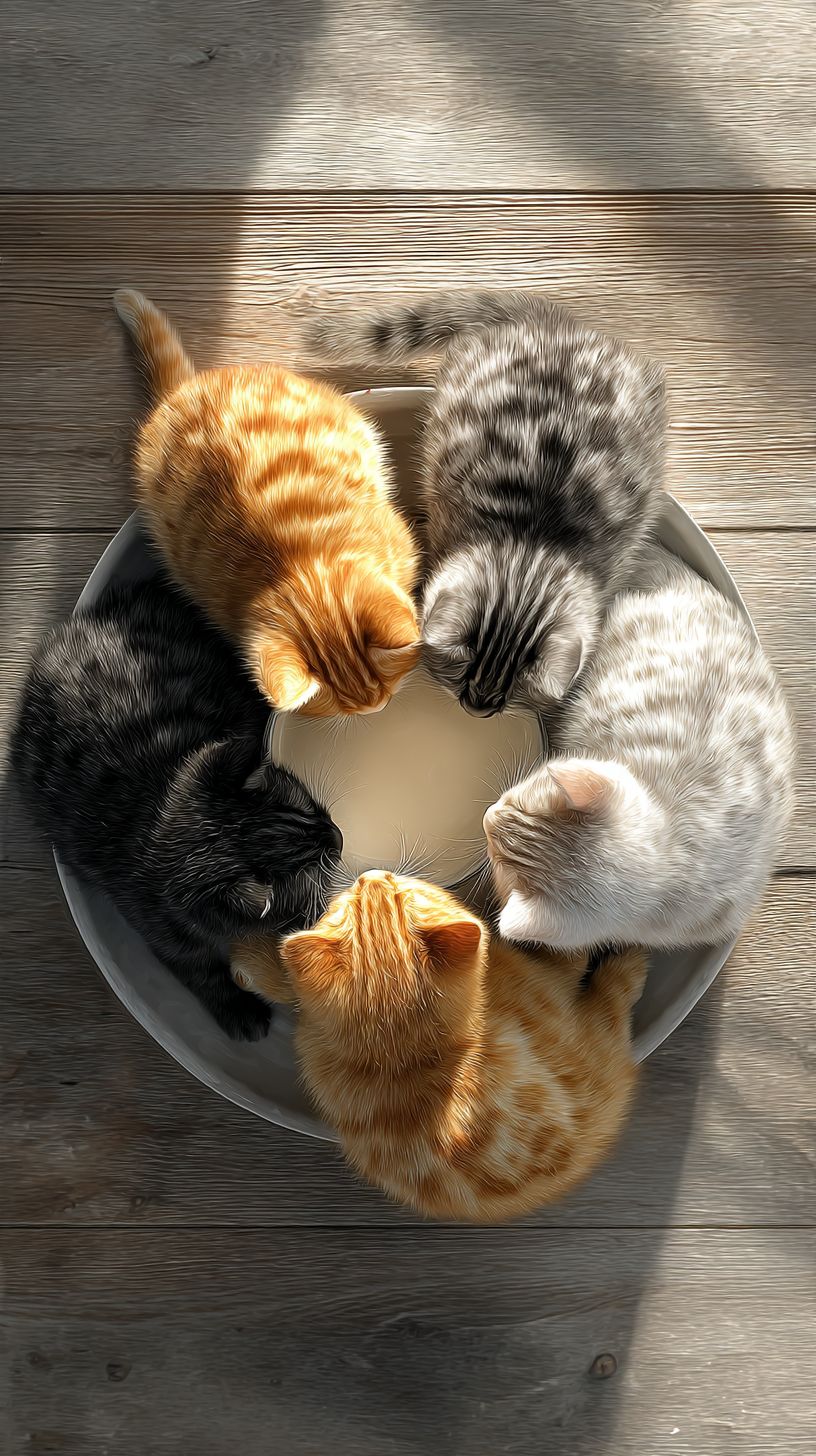 أربعة قطط صغيرة تتجمع حول وعاء من الحليب