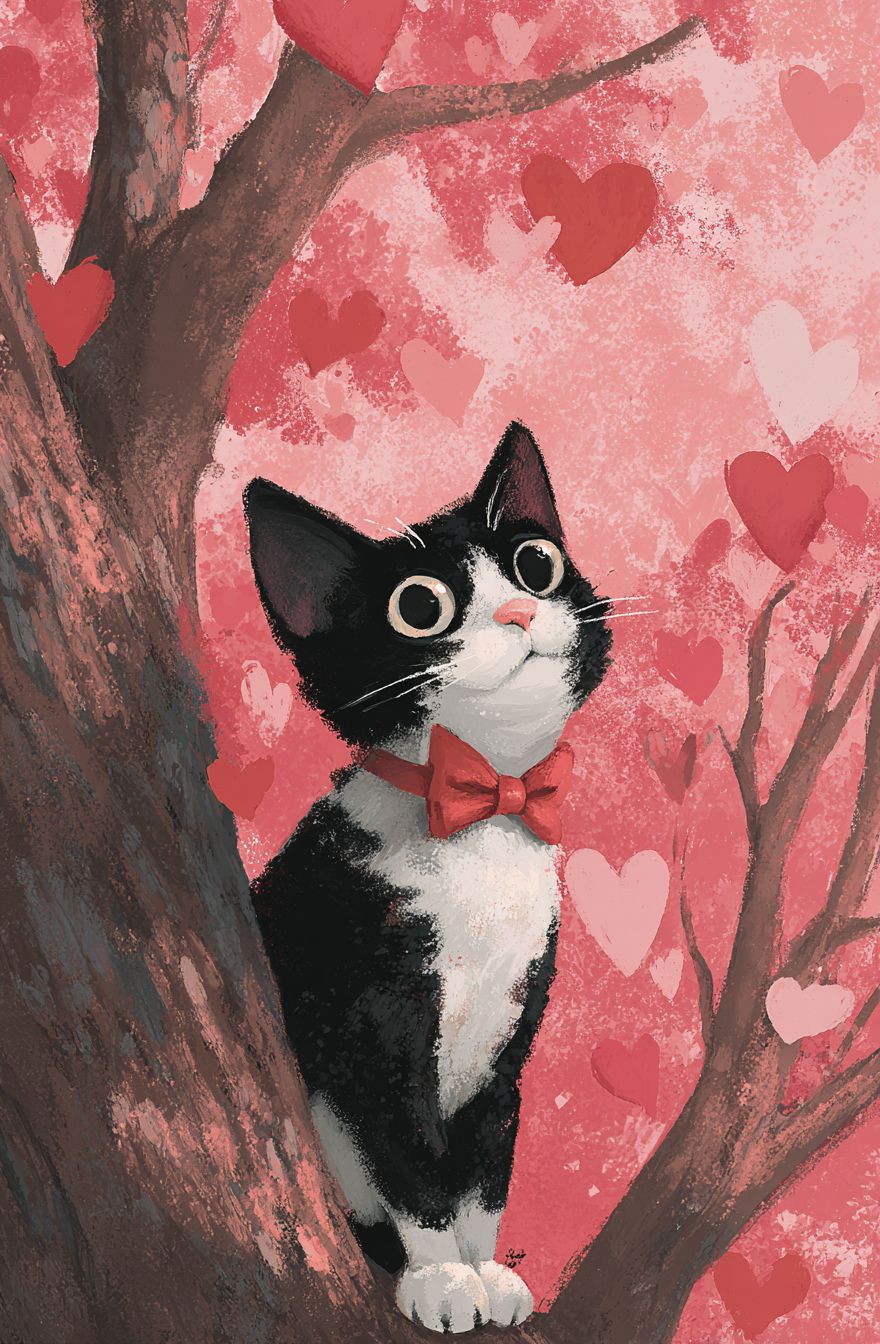 一只可爱的黑白猫戴着红色领结，坐在满是粉红色心形的树上